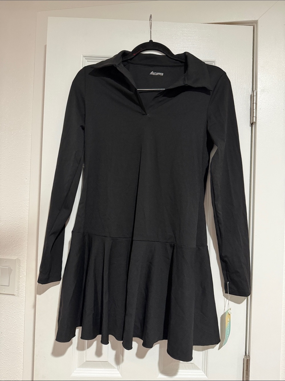 Tennis Black Long Sleeve Collared Dress
